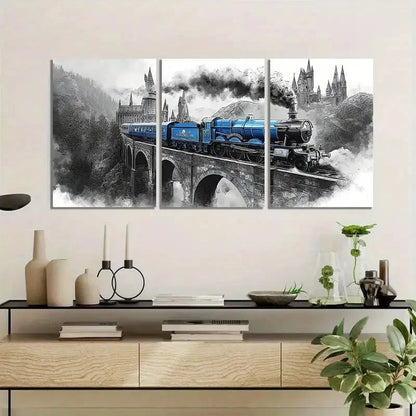 3pcs Black and White Smoke Train Scene Metal Print Ready to Hang Art - Bella Home Decor