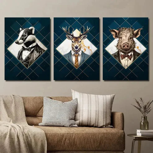 3pcs Badger Deer and Pig in Suits Wall Art Set Canvas Unframed - High Quality Print 100% Australian Made Wall Canvas