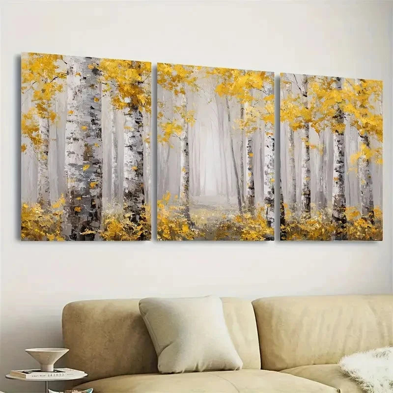 3pcs Birch Tree Art Elegant Golden Accented Wall Art Set Canvas Framed 50x70cm - High Quality Print 100% Australian Made Wall Canvas Ready to Hang - Bella Home Decor