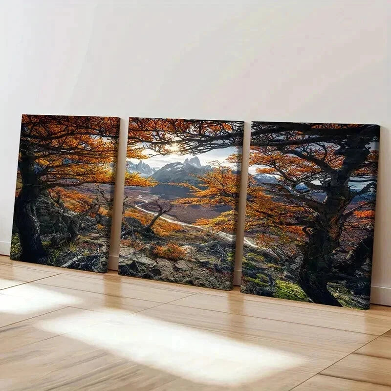 3pcs Mountains and Autumn Leaves Scenery  Wall Art Set Canvas Framed 50x70cm - High Quality Print 100% Australian Made Wall Canvas Ready to Hang - Bella Home Decor