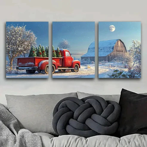 3pcs Christmas Tree Red Truck Nature Perfect Wall Art Set Canvas Unframed - High Quality Print 100% Australian Made Wall Canvas - Bella Home Decor