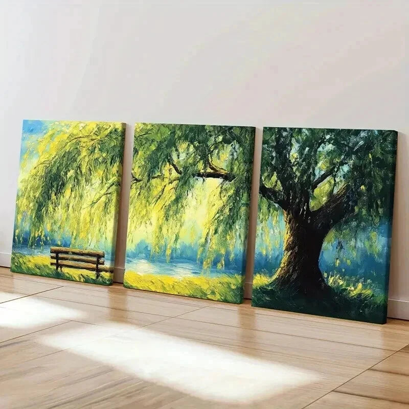 3pcs Willow Tree Serene Lake Wooden Bench Wall Art Set Canvas Framed 60x90cm - High Quality Print 100% Australian Made Wall Canvas Ready to Hang - Bella Home Decor
