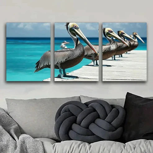 3pcs Brown Pelicans Colorful Sharpe Perfect Wall Art Set Canvas Unframed - High Quality Print 100% Australian Made Wall Canvas - Bella Home Decor