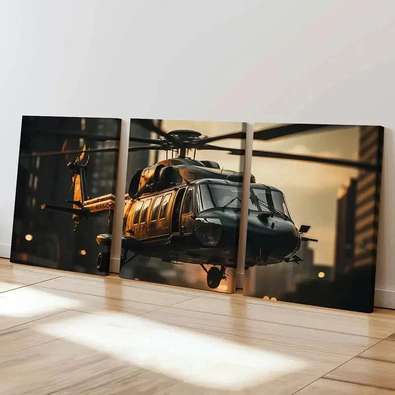 3pcs Helicopter Over Cityscape Decor Wall Art Set Canvas Framed 50x70cm - High Quality Print 100% Australian Made Wall Canvas Ready to Hang