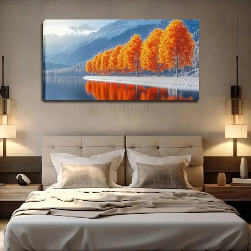 Serene Orange Trees Lake Décor Wall Art Canvas Office Home Room Framed 120x60cm - Bella Home Decor