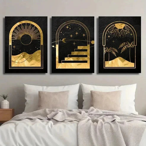 3pcs Abstract Mystical Golden Moon & Sun Wall Art Set Canvas Unframed - High Quality Print 100% Australian Made Wall Canvas - Bella Home Decor
