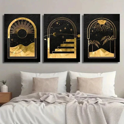 3pcs Abstract Mystical Golden Moon & Sun Wall Art Set Canvas Unframed - High Quality Print 100% Australian Made Wall Canvas - Bella Home Decor