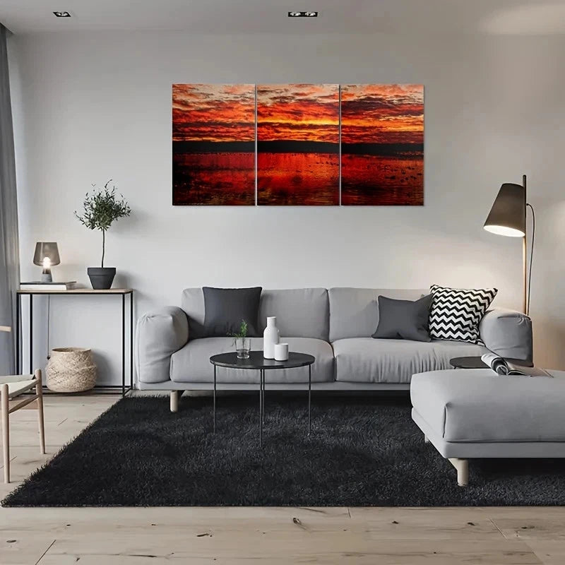 3pcs Vibrant Sunset Over Sky & Water Metal Print Ready to Hang Art