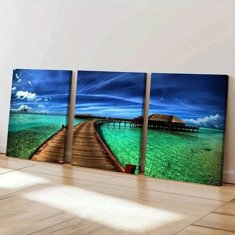 3pcs Sea View Cabin Bridge Landscape Wall Art Set Canvas Framed 50x70cm - High Quality Print 100% Australian Made Wall Canvas Ready to Hang