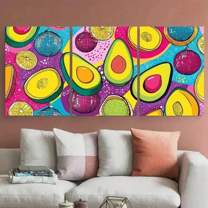 3pcs Vibrant Disco Ball & Avocado Preppy Perfect Wall Art Set Canvas Framed 60x90cm - High Quality Print 100% Australian Made Wall Canvas Ready to Hang