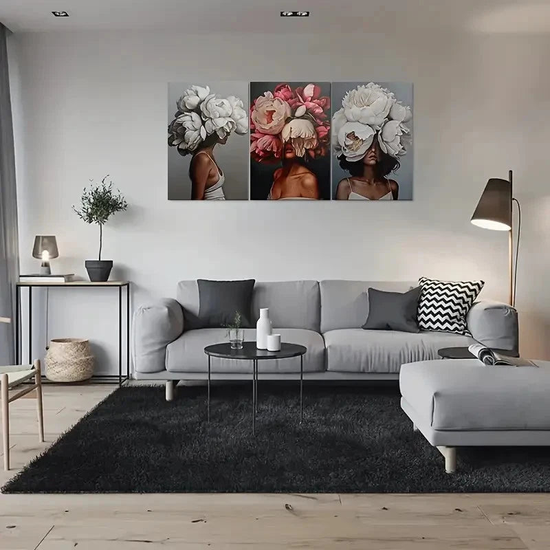 3pcs Abstract Floral Woman Portrait Metal Print Ready to Hang Art - Bella Home Decor