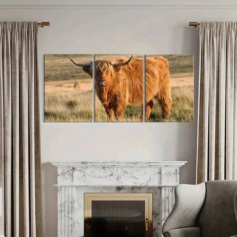 3pcs Cow in a Grassland Modern Painting Wall Art Set Canvas Framed 50x70cm - High Quality Print 100% Australian Made Wall Canvas Ready to Hang - Bella Home Decor