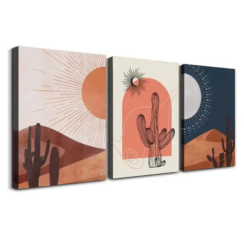 3pcs Desert Sunset Cacti & Sun Decor Wall Art Canvas Unframed - High Quality Print 100% Australian Made Wall Canvas - Bella Home Decor