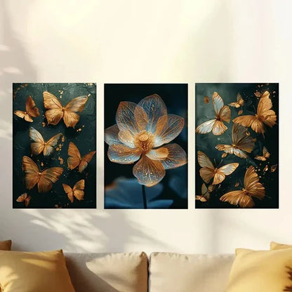3pcs Golden Butterflies And Flowers Wall Art Set Canvas Unframed - High Quality Print 100% Australian Made Wall Canvas - Bella Home Decor