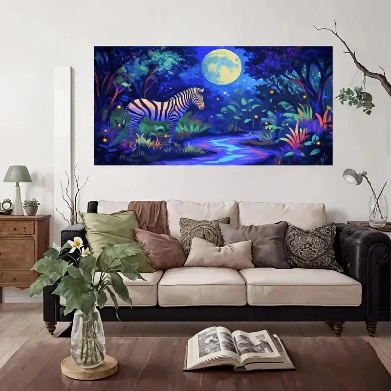 Moonlit Zebra Night Wall Art Canvas Office Home Room Framed 120x60cm