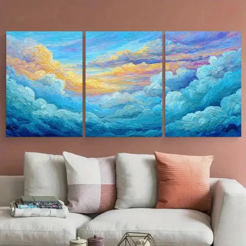 3pcs Blue Ocean Sunset Sunrise Sky Cloud Wall Art Canvas Unframed - High Quality Print 100% Australian Made Wall Canvas - Bella Home Decor