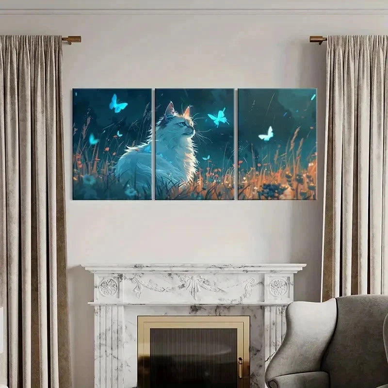 3pcs Animal Theme Fantasy Cat & Butterfly Wall Art Set Canvas Framed 40x60cm - High Quality Print 100% Australian Made Wall Canvas Ready to Hang - Bella Home Decor