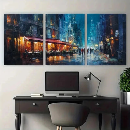 3pcs Night City Landscape Restaurant Perfect Wall Art Set Canvas Framed 50x70cm - High Quality Print 100% Australian Made Wall Canvas Ready to Hang