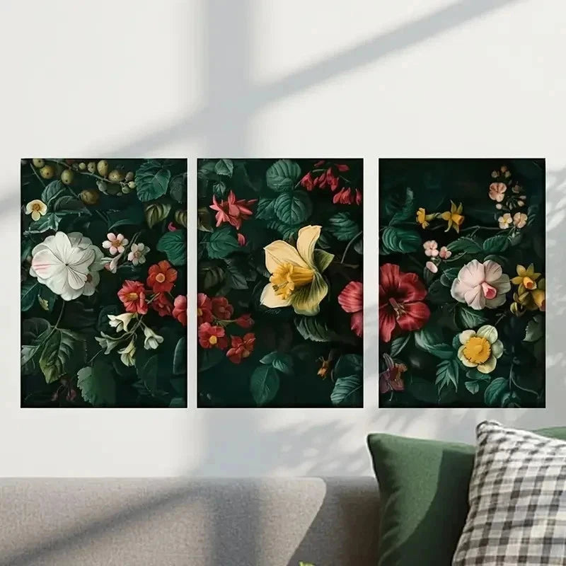 3pcs Flowers on a Black Background Wall Art Set Canvas Framed 40x60cm - High Quality Print 100% Australian Made Wall Canvas Ready to Hang - Bella Home Decor