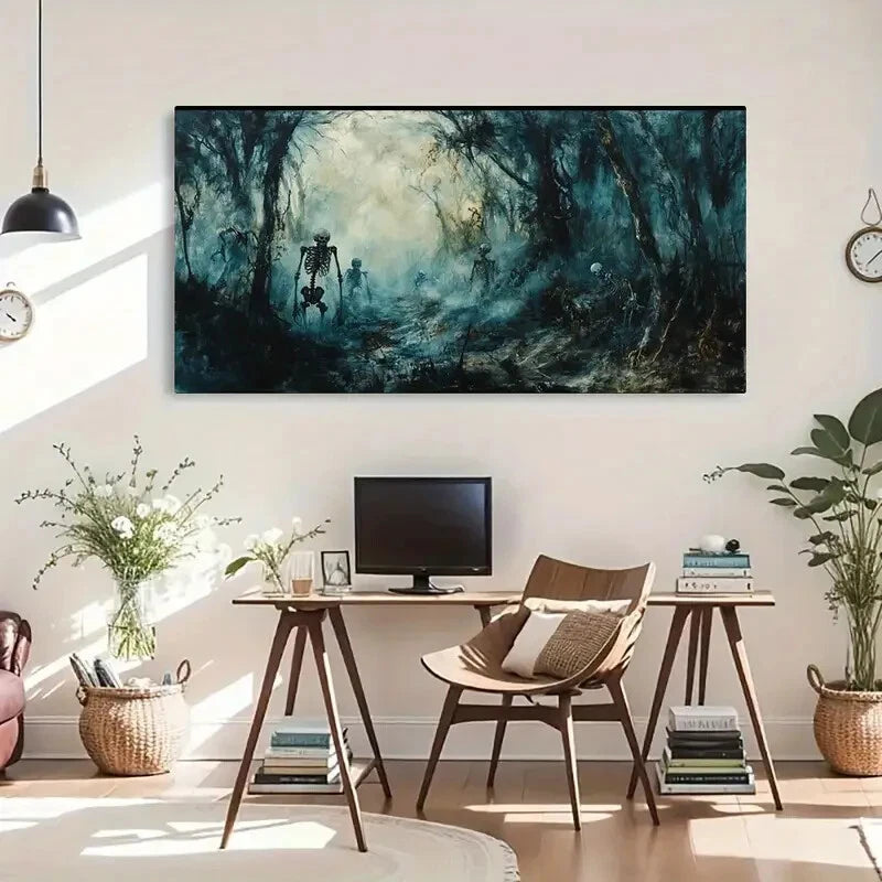 Skeletons Foggy Forest Scene Wall Art Canvas Office Home Room Framed 120x60cm