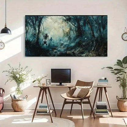 Skeletons Foggy Forest Scene Wall Art Canvas Office Home Room Framed 120x60cm