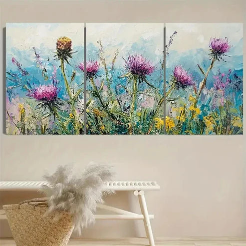 3pcs Vibrant Purple & Pink Wildflowers Wall Art Set Canvas Unframed - High Quality Print 100% Australian Made Wall Canvas