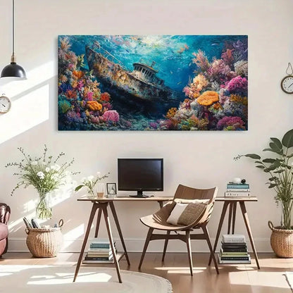 Sunken Ship & Coral Reef Ocean Wall Art Canvas Office Home Room Framed 120x60cm