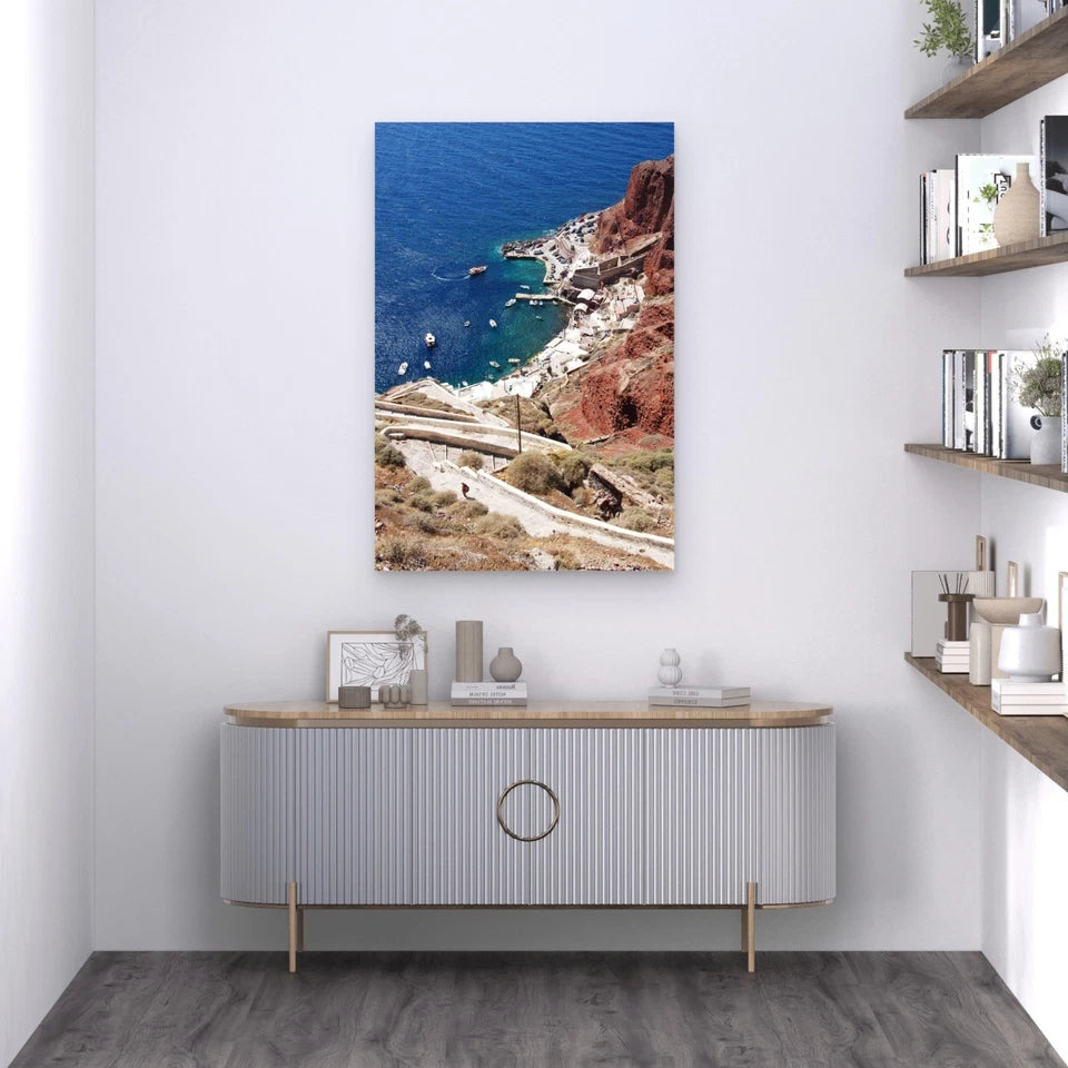 Old Buildings Near Cliff Shore With Boat Ocean 60x90cm Metal Print Ready to Hang