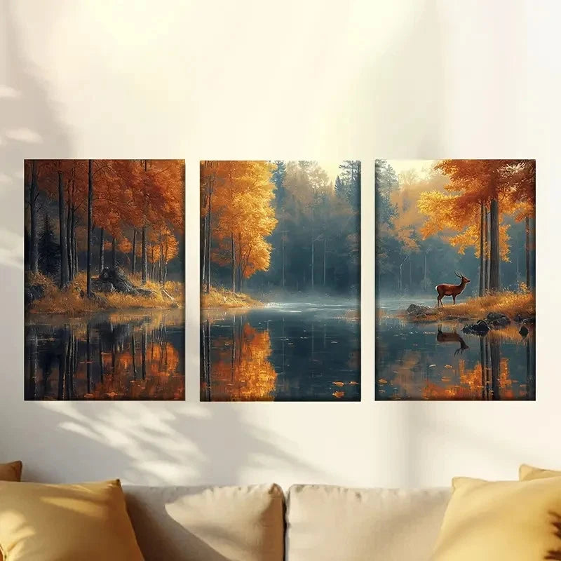 3pcs Autumn Forest Lake Deer Wall Art Set Canvas Framed 40x60cm - High Quality Print 100% Australian Made Wall Canvas Ready to Hang - Bella Home Decor