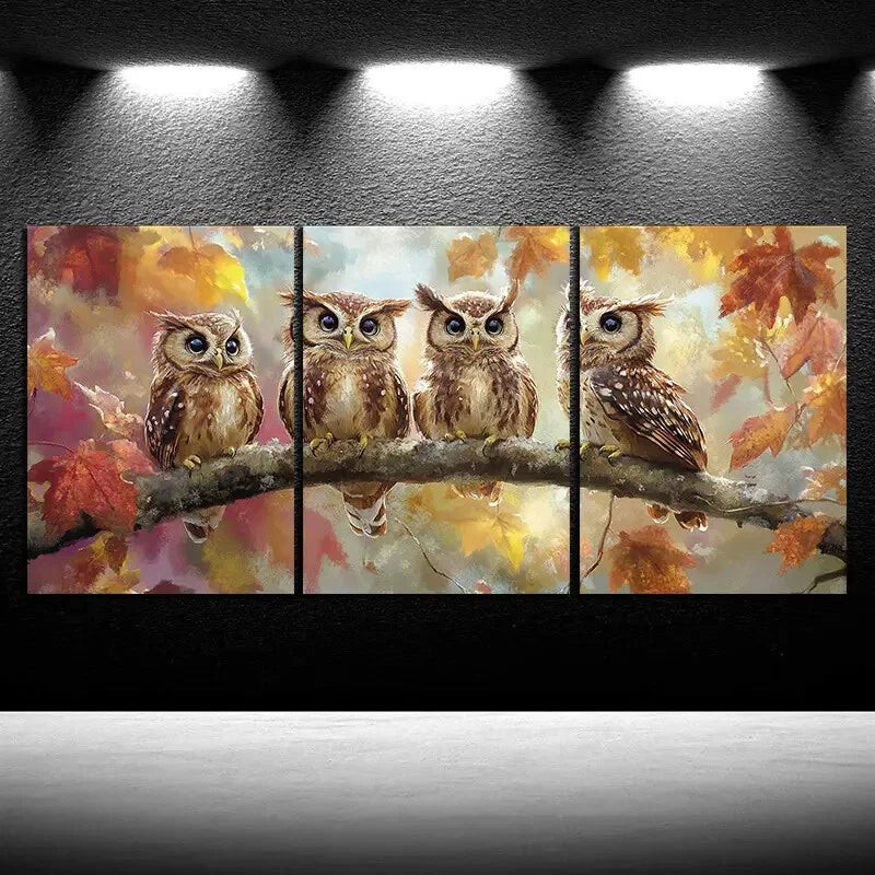 3pcs The Owl on the Branch Painting Metal Print Ready to Hang Art
