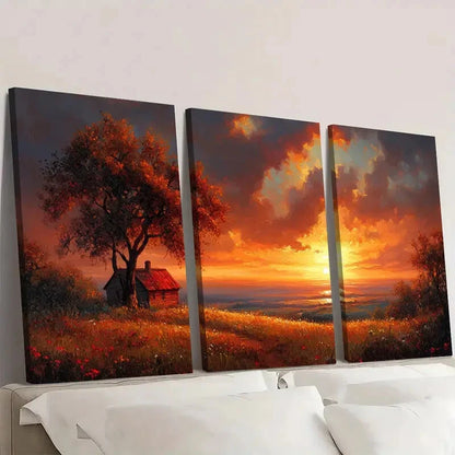 3pcs Rustic Sunset Featuring Cabin & Hilltops Wall Art Set Canvas Framed 60x90cm - High Quality Print 100% Australian Made Wall Canvas Ready to Hang - Bella Home Decor