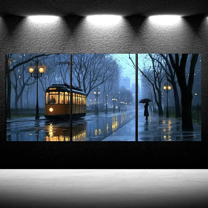 3pcs Rainy Street Big Trees Women Standing On Road Metal Print Ready to Hang Art - Bella Home Decor