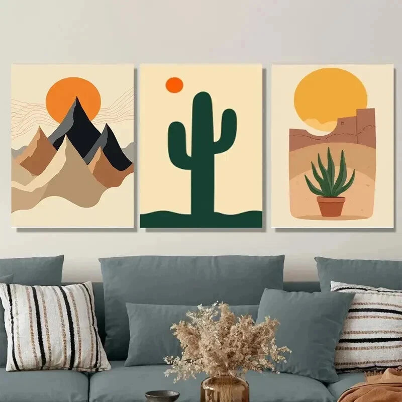 3pcs Modern Desert Landscape Abstract Cactus Wall Art Set Canvas Framed 50x70cm - High Quality Print 100% Australian Made Wall Canvas Ready to Hang