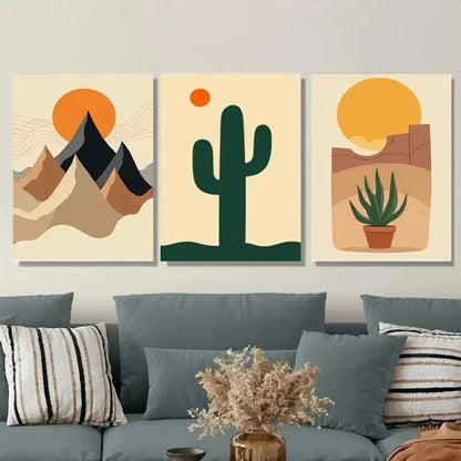 3pcs Modern Desert Landscape Abstract Cactus Wall Art Set Canvas Framed 50x70cm - High Quality Print 100% Australian Made Wall Canvas Ready to Hang