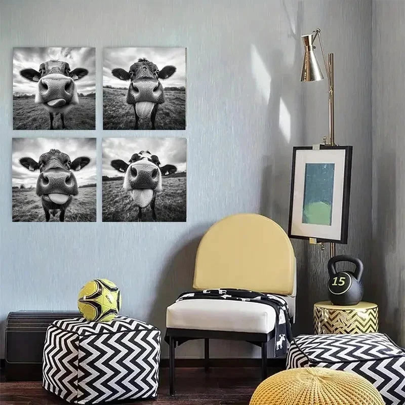 4pcs- Black & White Highland CattleWall Art Canvas Framed