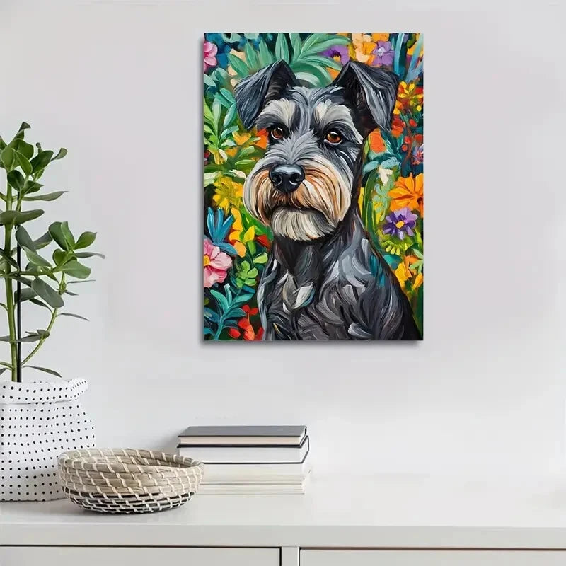 Beautiful Vibrant Floral Dog Painting 40x60cm Metal Print Ready to Hang