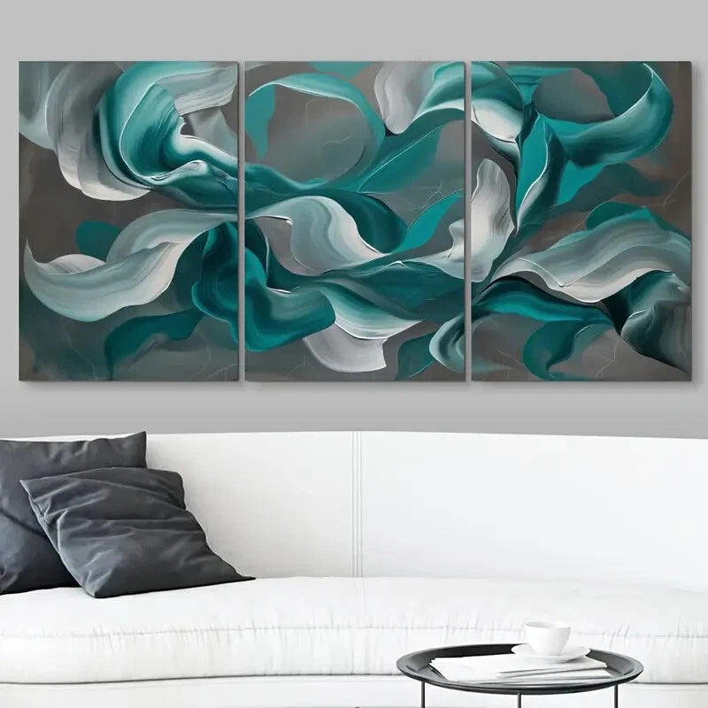 3pcs Swirling Teal & White Design Fluid Abstract Metal Print Ready to Hang Art - Bella Home Decor