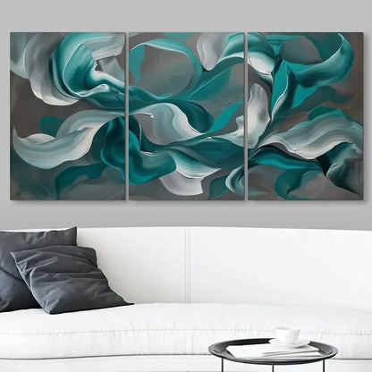 3pcs Swirling Teal & White Design Fluid Abstract Metal Print Ready to Hang Art - Bella Home Decor