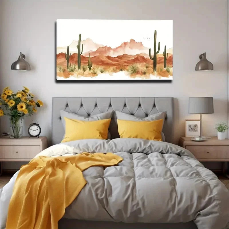 Gouache Style Cactus Wall Art Canvas Office Home Room Framed 120x60cm