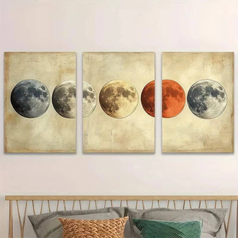 3pcs Beige Moon Phases Wall Art Set Canvas Framed 50x70cm - High Quality Print 100% Australian Made Wall Canvas Ready to Hang - Bella Home Decor