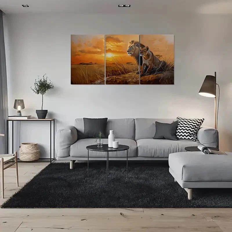 3pcs Lion Family in African Sunset Metal Print Ready to Hang Art
