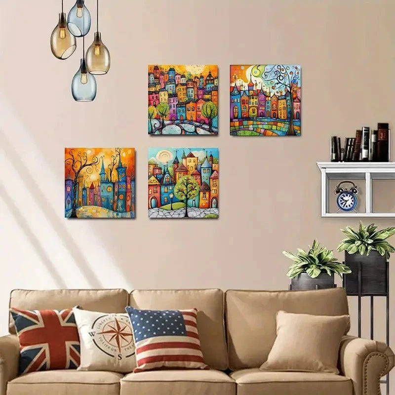 4pcs Colorful Houses Wall Art Canvas Framed