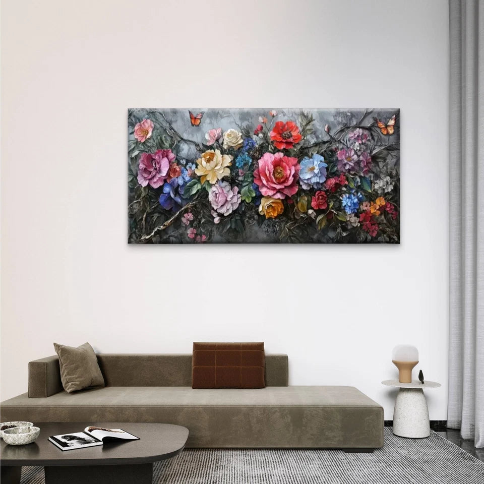 Flowers Butterflies Nature Wall Art Canvas Office Home Room Framed 120x60cm
