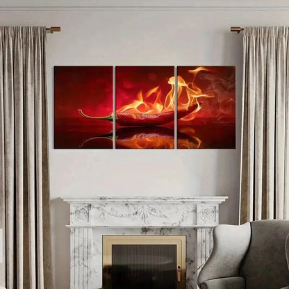 3pcs Vibrant Burning Chili Pepper Wall Art Set Canvas Framed 50x70cm - High Quality Print 100% Australian Made Wall Canvas Ready to Hang - Bella Home Decor