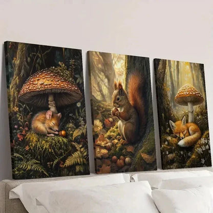 3pcs Squirrel Fox Mouse & Mushrooms Flowers  Wall Art Set Canvas Unframed - High Quality Print 100% Australian Made Wall Canvas