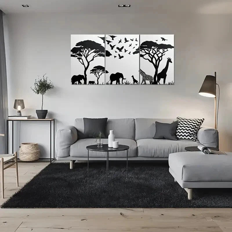 3pcs African Safari Animal Silhouette Black White Metal Print Ready to Hang Art - Bella Home Decor