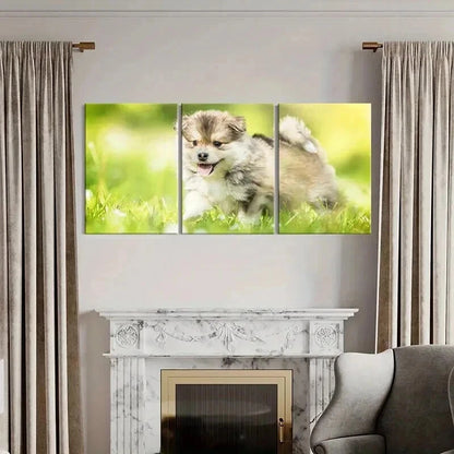 3pcs Brown Puppy on Green Grass Painting Wall Art Set Canvas Framed 60x90cm - High Quality Print 100% Australian Made Wall Canvas Ready to Hang - Bella Home Decor
