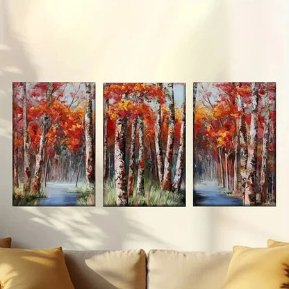 3pcs a painting of a forest with red leaves Wall Art Set Canvas Unframed - High Quality Print 100% Australian Made Wall Canvas - Bella Home Decor