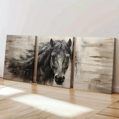 3pcs Vintage Animal Art Dark Horse Farmhouse Wall Art Set Canvas Framed 40x60cm - High Quality Print 100% Australian Made Wall Canvas Ready to Hang - Bella Home Decor