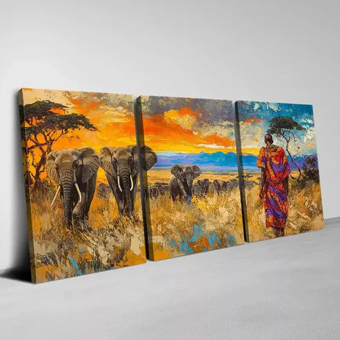 3pcs Vintage Colorful Nature African Elephants Canvas Unframed - High Quality Print 100% Australian Made Wall Canvas